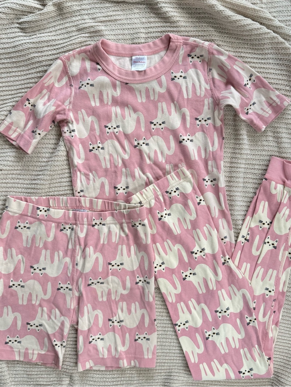 Hanna Andersson Pink Cat Pajama Set 150 US 12 Short Long Sleeve Cotton PJs 3PC